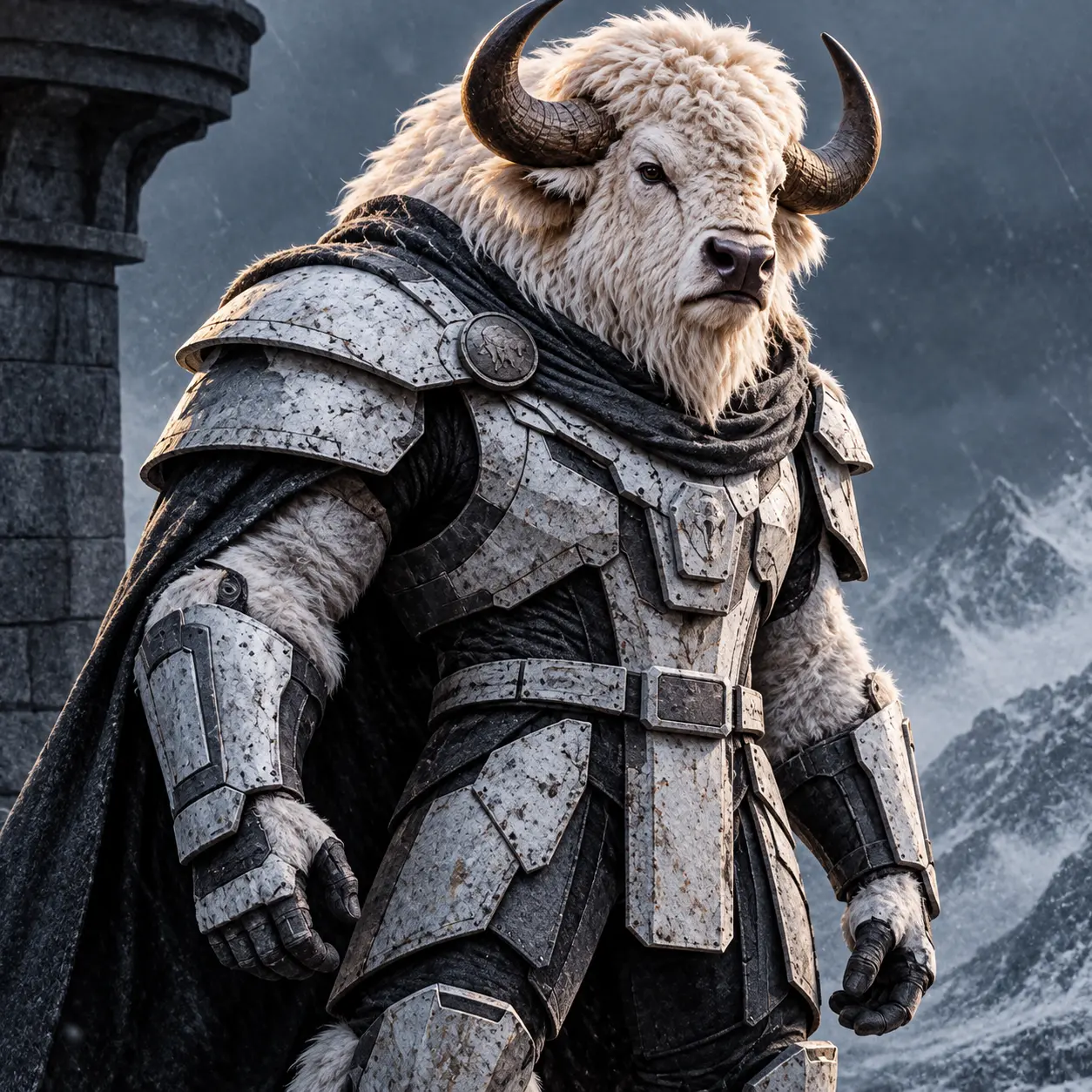 An armored white buffalo warrior in a dark cloak standing before snowy mountains in a storm