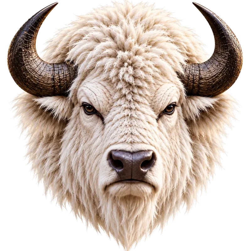 Portrait of a white buffalo with shaggy ivory fur and dark curved horns